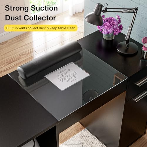 Manicure Table with Dust Collector, Glass Top and Wheels (Black) - Image 4