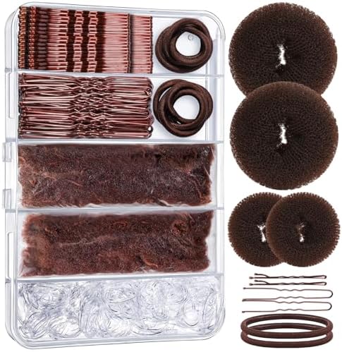 YGDZ 200 PCS Hair Bun Maker Set, 4 Pcs Hair Donuts, 10 Pcs Brown Hair Nets for Buns, 80 Pcs Bobby Pins for Women, Girls, Elastic Ties, Dance Hair Accessories, Ballet Bun Kit, Brown by YGDZ