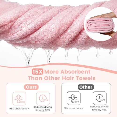 2 Pack Microfiber Hair Towel Wrap for Women, Large Fast Drying Hair Towel Turban, Ultra Soft Thick Anti-Frizz, Double Stitched Edges & Stay in Place No Slip Design for Curly Long Wet Hair(Pink/Blue) - Image 5