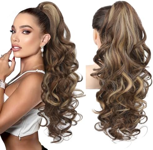REECHO Ponytail Extension, 24" Claw Clip in Long Curly Wavy Ponytail Hair Extension Jaw Clip on Pony Tails Hairpiece for Women - Chestnut Brown with Golden Highlights by REECHO