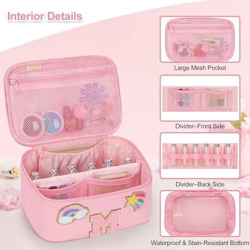 OCHEAL Initial Makeup Bag,Pink Travel Makeup Organizer Case Beauty Toiletry Cosmetic Bag with Rainbow, Trendy Stuff Personalized Gifts for Women and Girls-M - Image 6