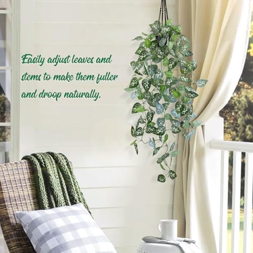 LOYWREE 39-in Long Fake Hanging Plant with Pot Faux Pothos Artificial Potted Plants Small Faux Ivy Vine Plant for Indoor Outdoor Aesthetic Office Living Room Shelf Decor (Black Pot) - Image 4
