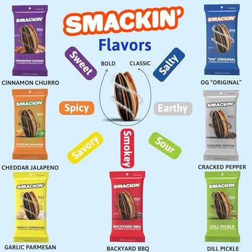 SMACKIN' Sunflower Seeds | Roasted Jumbo Sunflower Seeds | 6 Flavor Sampler Pack | 1.5 Ounce Flavored Sunflower Seeds | Small-Batch, American Made Sunflower Seeds | Keto Snacks (6 Bags, Garlic Parmesan) - Image 4
