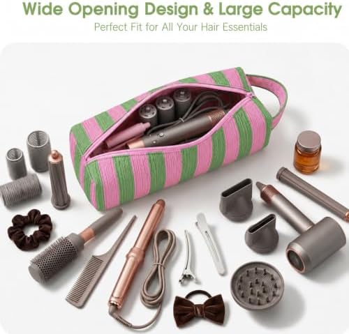 Striped Hair Tools Travel Bag Compatible with Dyson Airwrap & Shark FlexStyle, Portable Cute Hair Tool Organizer Case for Curling Iron, Flat Iron & Styling Accessories (Pink&Green) - Image 3