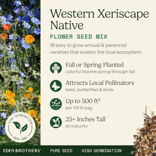Eden Brothers Native Western Xeriscape Flower Seed Mix, 1oz, 16 Drought Tolerant Wild Flower Seed Varieties, 100% Pure No Fillers,Native Seeds for Planting Outdoors,Attracts Pollinators & Hummingbirds - Image 2