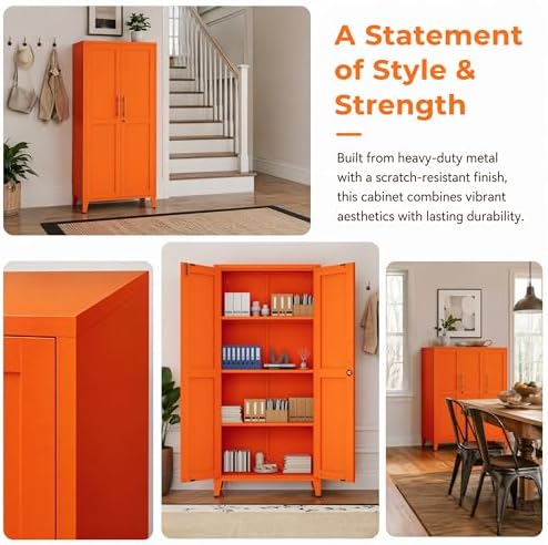 Metal Storage Cabinet with Lock,Orange Steel Tool Cabinet with 3 Adjustable Shelves,61 Tall Freestanding Heavy Duty Garage Locker for Home Office Kitchen 61" H X 27.6" W X 13.8" D - Image 5