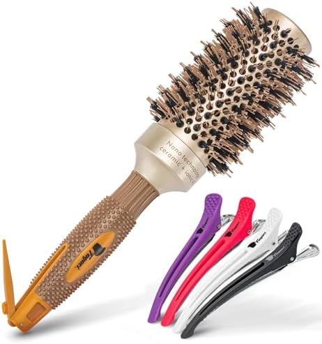 Fagaci Professional Round Brush with Natural Boar Bristle for Blow Drying, Nano Technology Ceramic + Ionic for Voluminous Healthy Hair Styling | Includes 4 Styling Clips by Fagaci