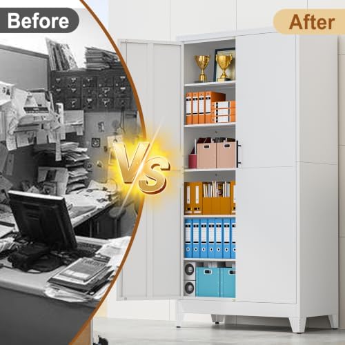 79" White Metal Storage Cabinet with 2 Doors and 5 Adjustable Shelves,Steel Garage Tool Cabinet, File Cabinet,Kitchen Pantry Cabinet for Home,Office,Garage,School,Warehouse - Image 7