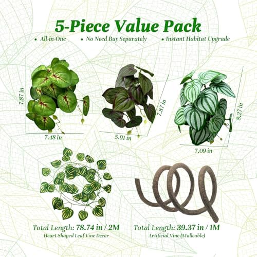 5 Pcs Reptile Plants & Habitat Decor Kit - Artificial Plants & Large 3.3ft Jungle Vine Branch, Artificial Leaves with Suction Cup Tank Decor Accessories for Crested Gecko, Lizard, Snake,Forg,Tortoise - Image 4