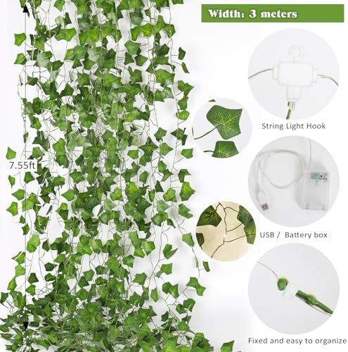 RECUTMS Fake Wall Curtain Ivy Vines with String Lights for Room Decor 196Ft - Image 2