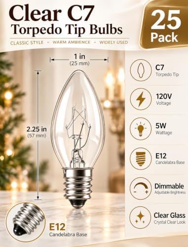 25 Pack C7 Clear Replacement Bulbs, C7 Outdoor Candle Light Bulbs, Night Candle Light for Indoor Outdoor Patio Bistro Party Decor Christmas String Light, E12 Candelabra Base, 5W - Image 2
