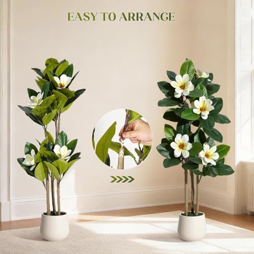 4 Inch Artificial Magnolia Tree with Pot, Faux Flower Tree with White Magnolia Blooms and Green Leaves, Potted Artificial Plant for Living Room, Bedroom, Office, Entryway, Store, Home Dector - Image 4