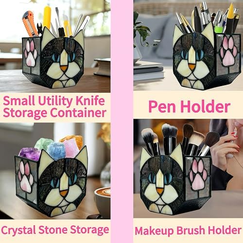 Stained Glass Black Cat Flower Pot,Succulent Pots with Drainage,Unique Black Cat Planter,Flower Pots for Indoor Plants,Glass Container Display Decoration,Cute Plant Gifts - Image 4