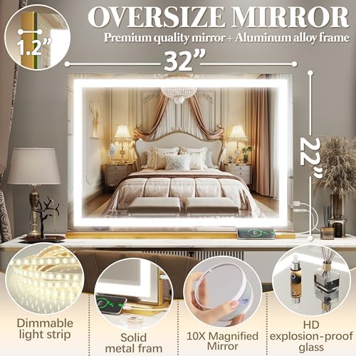 FENNIO Vanity Mirror with Lights 32"x22", Lighted Makeup Mirror, Large Vanity Mirror, Touch Sensor with 3-Color Lighting, 10X Magnification and USB Charging Port for Vanity Desk（Square Gold） - Image 6
