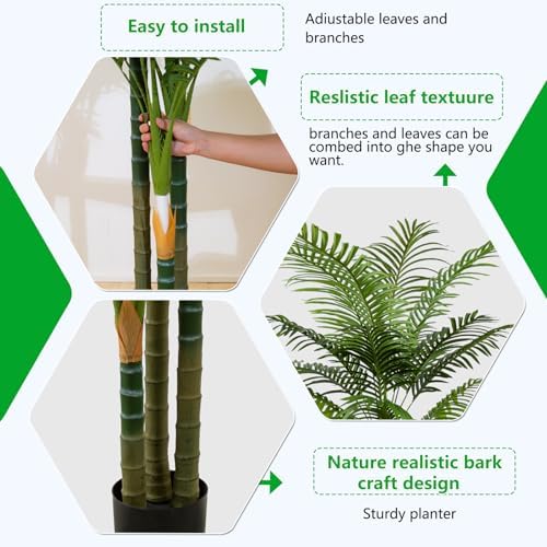 7FT Tall Golden Cane Artificial Palm Tree, Large Faux Palm Tree with 3 Textured Trunks, Outdoor Artificial Plants, Fake Tree for Indoor Office Living Room Outside Patio. - Image 5
