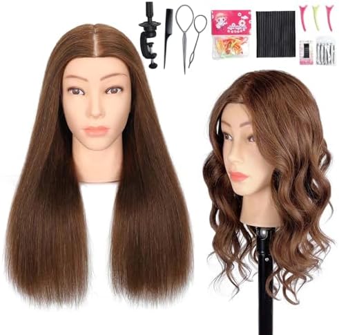 Mannequin Head Human Hair, 100% Real Hair Cosmetology Manikin Head for Practice Braiding Hairstyling Cutting with Free Clamp Holder and Tools (100% Brown) by MQHIHI