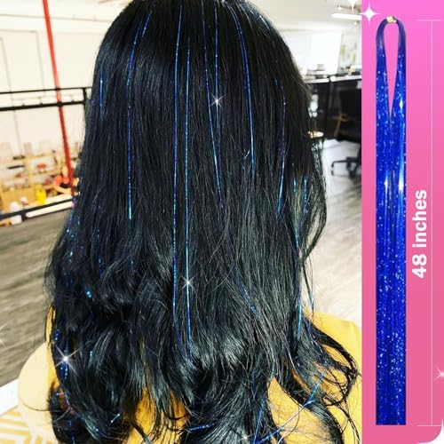 NIACONN Glitter Hair Tinsel Extensions Kit Blue with Tools and Beads, 48 Inch Sparkly Fairy Colorful Tensile Strands Shiny Hair Accessories for Women Girls Kids - Image 2
