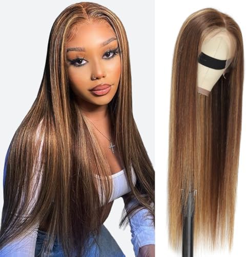 ALHER Small Cap Lace Front Wigs Human Hair 28 IN #4/27 Honey Blonde Highlight Straight 13X4 Lace Frontal Wig With Baby Hair 200% Density, Small Cap 21-21.5 Balayage Piano Colored Wig for Black Women by ALHERHumanHairWigsBundles