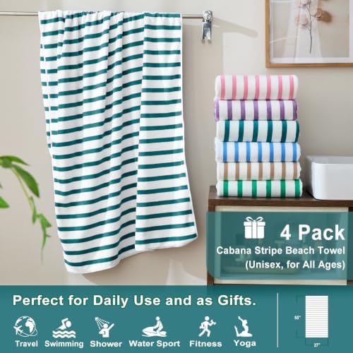 JML Microfiber Beach Towels, 4 Pack, 27" x 55", Cabana Stripe Dark Green - Image 2