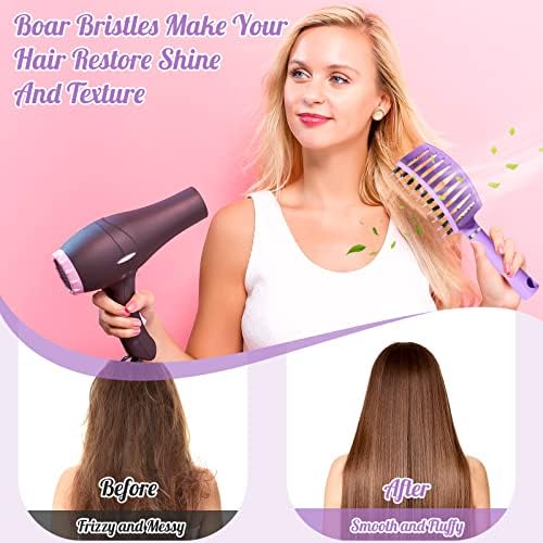 Hair Brush,URTHEONE Detangling Hairbrush Boar Bristle Curved Vented Hair Brush for Women Men Kids Curly Thick Long Short Wet or Dry Hair, Faster Blow Drying (2Pack, Pink&Purple) - Image 3