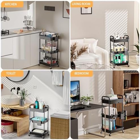 3 Tier Rolling Utility Cart with Drawer,REBECAT Utility Cart Made of Multifunctional Storage Organizer Tool for Kitchen,Bathroom,Living Room,Office(Black) - Image 6