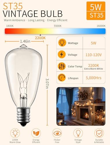 25 Pack Edison Light Bulbs, 5 Watts E12 Candelabra Base ST35 Edison Replacement Bulbs, Bistro Light Bulbs Incandescent for Outdoor Patio, Vintage Light Bulb Warm White - Image 2