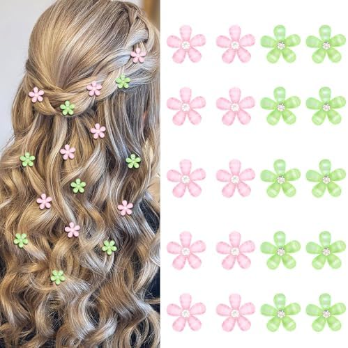 YISSIOBN Light Pink & Bright Green Mini Flower Hair Clips for Women & Girls, 20Pcs Dual-Color Floral Hair Barrettes with Crystal, Versatile Hair Accessories for Wedding Prom Party Daily Hairstyling by YISSION