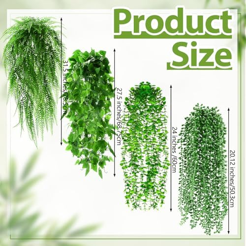 Daifunli 4 Pcs Artificial Hanging Plants Fake Hanging Ferns Plastic Fake Plant for Wall Room Garden Garland Indoor Outdoor Decor No Basket (Boston,Eucalyptus,Ivy Vine,String of Pearls) - Image 5