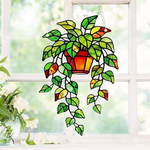 Plant Suncatcher Glass, Stained Glass Suncatcher Plant Window Hanging, Unique Nature Lover Gifts Leaf Ideas - Image 2