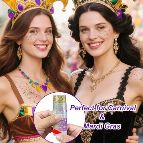 Mardi Gras Hair Face Glitter Stick,Mardi Gras Outfit for Women,Purple Green Gold Body Glitter Makeup,Festival Costume Carnival Accessories Singer Concerts Halloween Chunky Glitter Makeup - Image 2