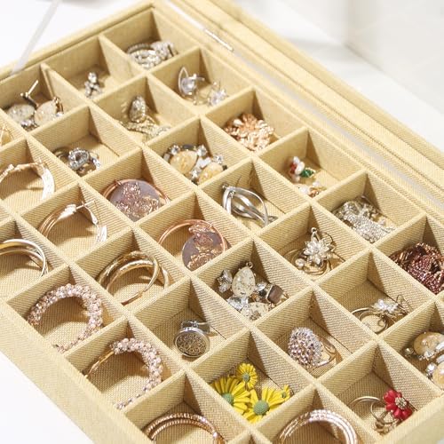 Coward Ring Earring Jewelry Organizer Box, 35 Grids Dustproof Display Holder Case, Yellow Linen Velvet Jewelry Bead Display Tray Case with Transparent Glass Lid for Momen Girls - Image 2