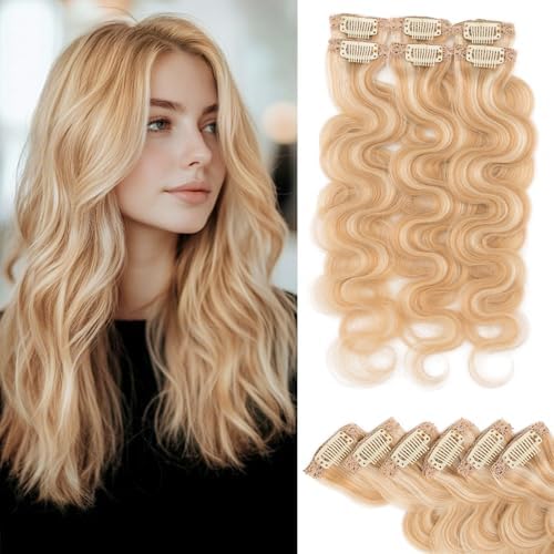 Rich Choices Clip In Hair Extension Real Human Hair-Wave/Curly 6 Pcs Single Clip Hairs Extension for Women-Invisible Mini Clips in Hairpieces-16 Inch #18P613 Ash Blonde Highlighted Bleach Blonde by RichChoices