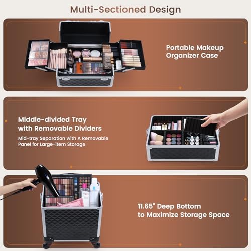 FRENESSA 3 in 1 Rolling Makeup Case Cosmetology Case on Wheel Vintage Black - Image 2