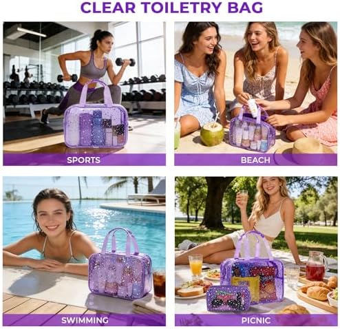 2PCS Clear Star Print Waterproof Makeup Bag, Lagre PVC Cosmetic Pouch with Zipper, Travel Toiletry Organizer for Women, Small Personal Item for Travel, Business Trip, Gym & Daily Use (Purple) - Image 6