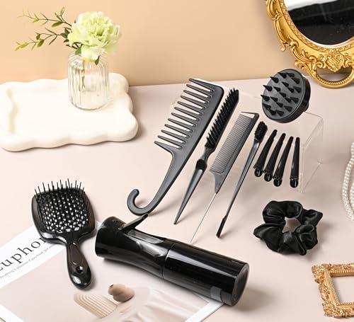 12 Pcs Hair Styling Brush Set with Detangler, Teasing, Rat Tail, Edge Brushes and Baby Hair Brushes - Soft Bristles for Baby Girls and Women (Black) - Image 5