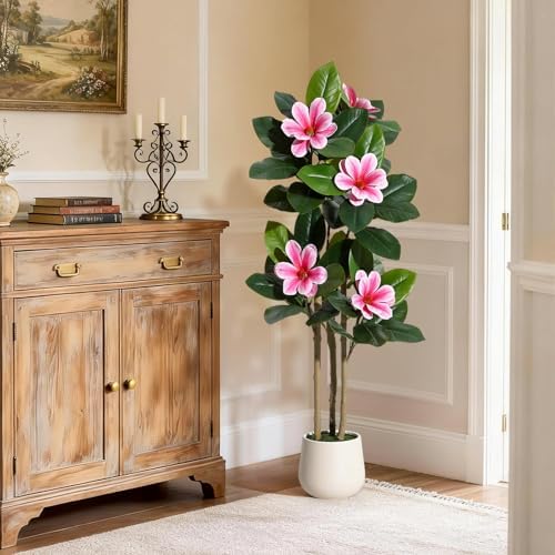 4FT Artificial Fiddle Leaf Fig Tree with Magnolia Flowers, Faux Rubber Tree Floor Plant in White Planter, Realistic Fake Tree for Indoor Home Office Living Room Entryway Decor - Image 7