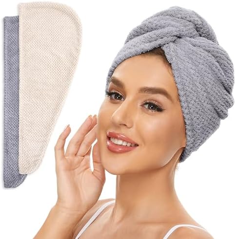 SimpleField 2 Pack Microfiber Hair Towel Wrap for Women, Anti Frizz Quick Drying Hair Turban for All Hair Style, Absorbent and Lightweight (Beige + Grey) by SimpleField