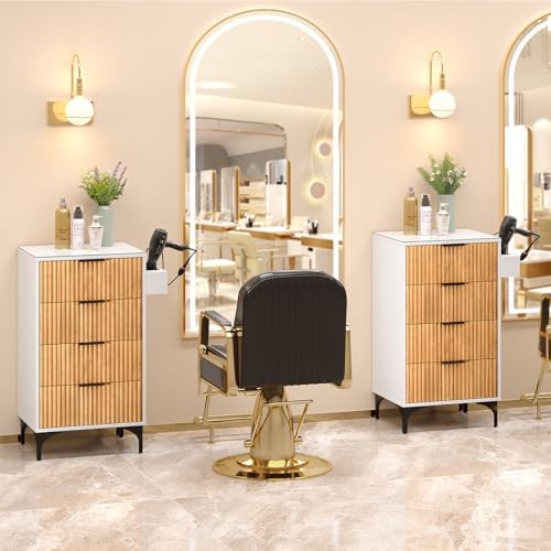 OmySalon Salon Station, Barber Station for Hair Stylist, Storage Cabinet with Glass Top & Drawers & Heat Resistant Dryer Holders, Modern Retro Style for Beauty Salon, Wood White - Image 2
