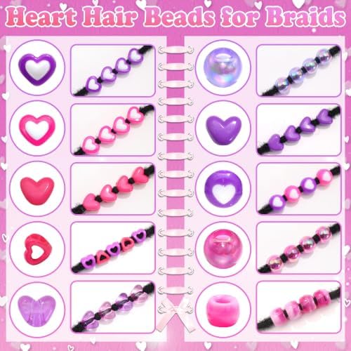NAISKA 108PCS Purple Hair Beads for Braids Hot Pink Heart Loc Beads 13 Styles Hair Bead Set 2 Colors Dreadlock Jewelry Lovely Hair Accessories for Kids Girls - Image 6