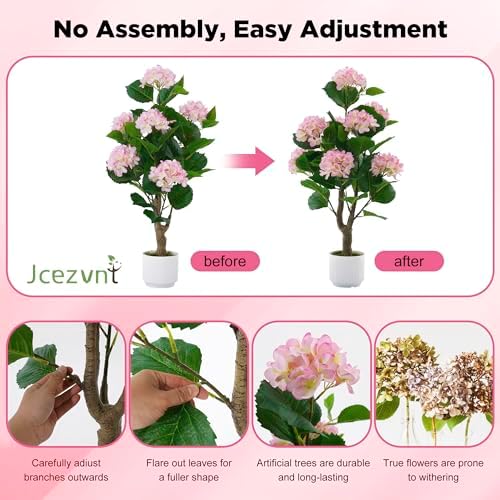 Artificial Hydrangea Tree 2 Pack, 3FT Faux Hydrangea Plant in Pot with Pink Flowers, Greenery Potted Plant for Indoor Outdoor Office Home Porch Decor, Pink - Image 6