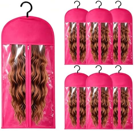 6PCS Wig Storage Bags with Hanger for Multiple Wigs,Wig Bag with Hook Storage,Breathable and Easy Carry Home Hair Salon Travel Use (Hot Pink) by Unknown