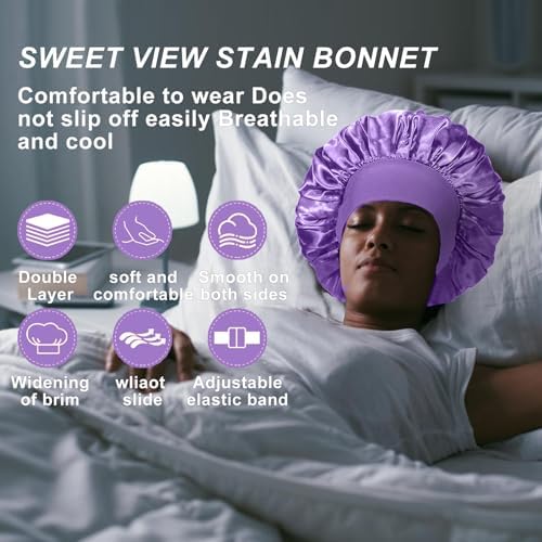 4PCS Silk Bonnet for Sleeping - Satin Bonnets for Black Women & Men, Elastic Wide Band Hair Wrap Cap for Curly Hair, Shower Cap (Black, Sapphire Blue, Pink, Purple) - Image 6