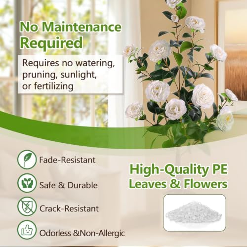 3FT Artificial Camellia Tree, Faux Camellia Plant Outdoor Camellia Flowers Tree Greenery Potted Plant for Living Room Door Patio Deck Yard Décor Outdoor Indoor - Image 5