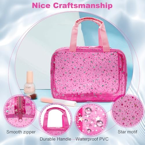 Clear Red Star Large Makeup Bag with Star Pattern 12x5x8 inch, Travel Cosmetic Bag with Handle, Durable PVC Material Washbag Zipper Opening Design for Makeup Travel Organizer or Gym Use - Image 3