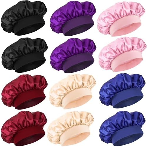 12 Pieces Silk Bonnet for Women Curly Hair Satin Bonnet Hair Wrap for Sleeping Cap with Tie Band (Multicoloured2) by PODALOA
