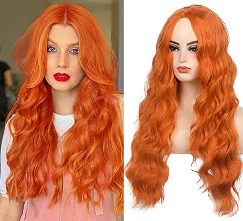 Long Curly Wavy Orange Wig Middle Part Synthetic Hair Replacement Wig for Cosplay Daily Use - Image 2
