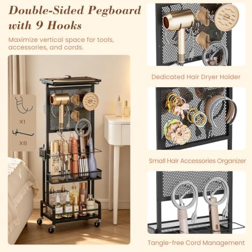 Hair Tool Organizer Cart with Hair Dryer Holder, Narrow Bathroom Storage Cart for Curling Flat Iron & Hot Tools, Slim Hair Appliance Organizer for Vanity Styling Tools (Black) - Image 4