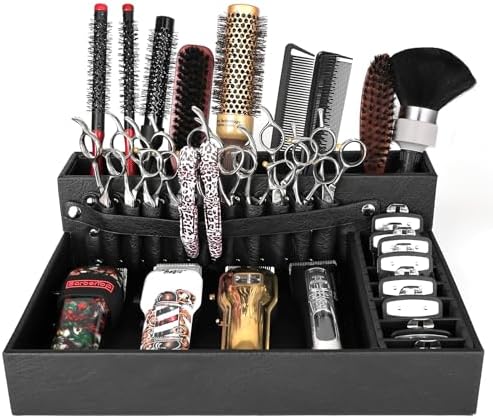 Barber Organizer Tray, 13.9 x 11.2 x 4.4 inch Adjustable Station for Clippers & Guards Scissors, Multifunctional Non-slip Barber&Salon Hair Tools Holder, with PU Leather Exterior Hairdressing Case by WelcometoBarberTop