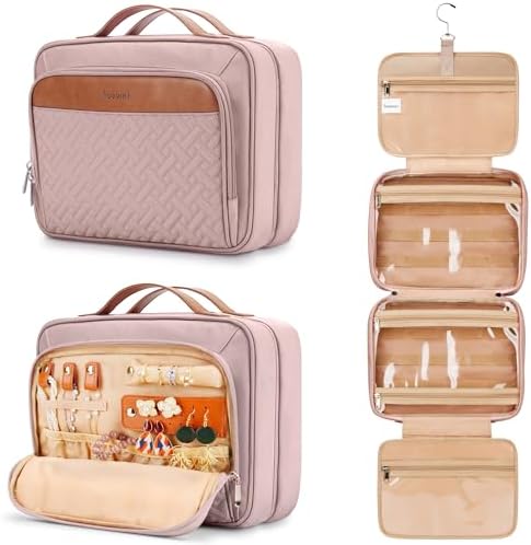 Travel Hanging Toiletry Bag for Women, with Jewelry Organizer Compartment, Medium Waterproof Hanging Makeup Accessories, Cosmetic Essentials, Toiletries Dopp Kit Set with Trolley Belt, Baby Pink by COOSKY
