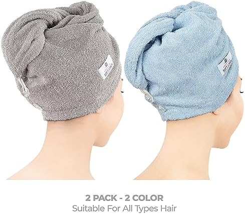 American Soft Linen 100% Cotton Hair Towels for Women, Head Towel Cap, Cotton Hair Turban Towel Wrap, Soft and Absorbent 2 Pack, Light Gray-Sky Blue - Image 2